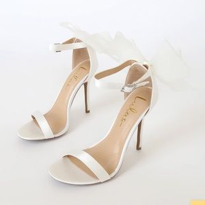 Lulu's ivory satin bow ankle strap high heel sandals